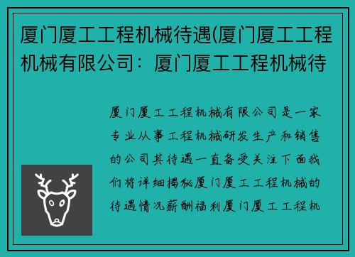 厦门厦工工程机械待遇(厦门厦工工程机械有限公司：厦门厦工工程机械待遇揭秘)